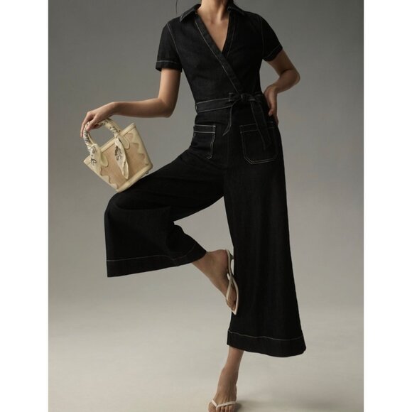 Maeve Anthropologie The Colette Denim Wide Leg Wrap Jumpsuit Size 8 Black - Picture 1 of 7